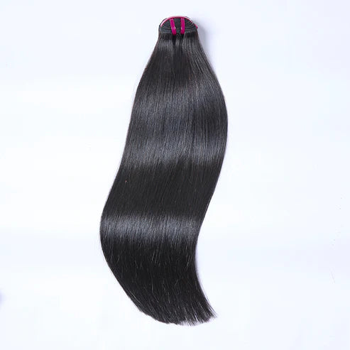Raw Cambodian Bone Straight Hair Bundles displayed on a white background showcasing its silky texture and high luster.