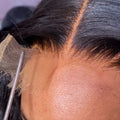Straight Free Parted Lace Closure being expertly applied near the hairline for a natural look.