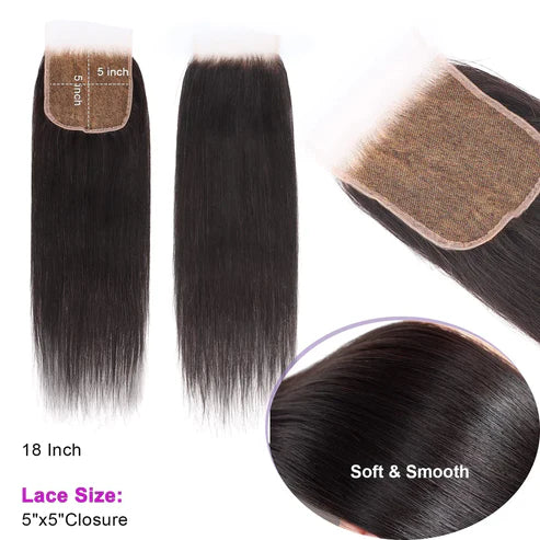 Straight Free Parted Lace Closure, 18 inch, soft and smooth, 5x5 lace size for breathable hair styling.